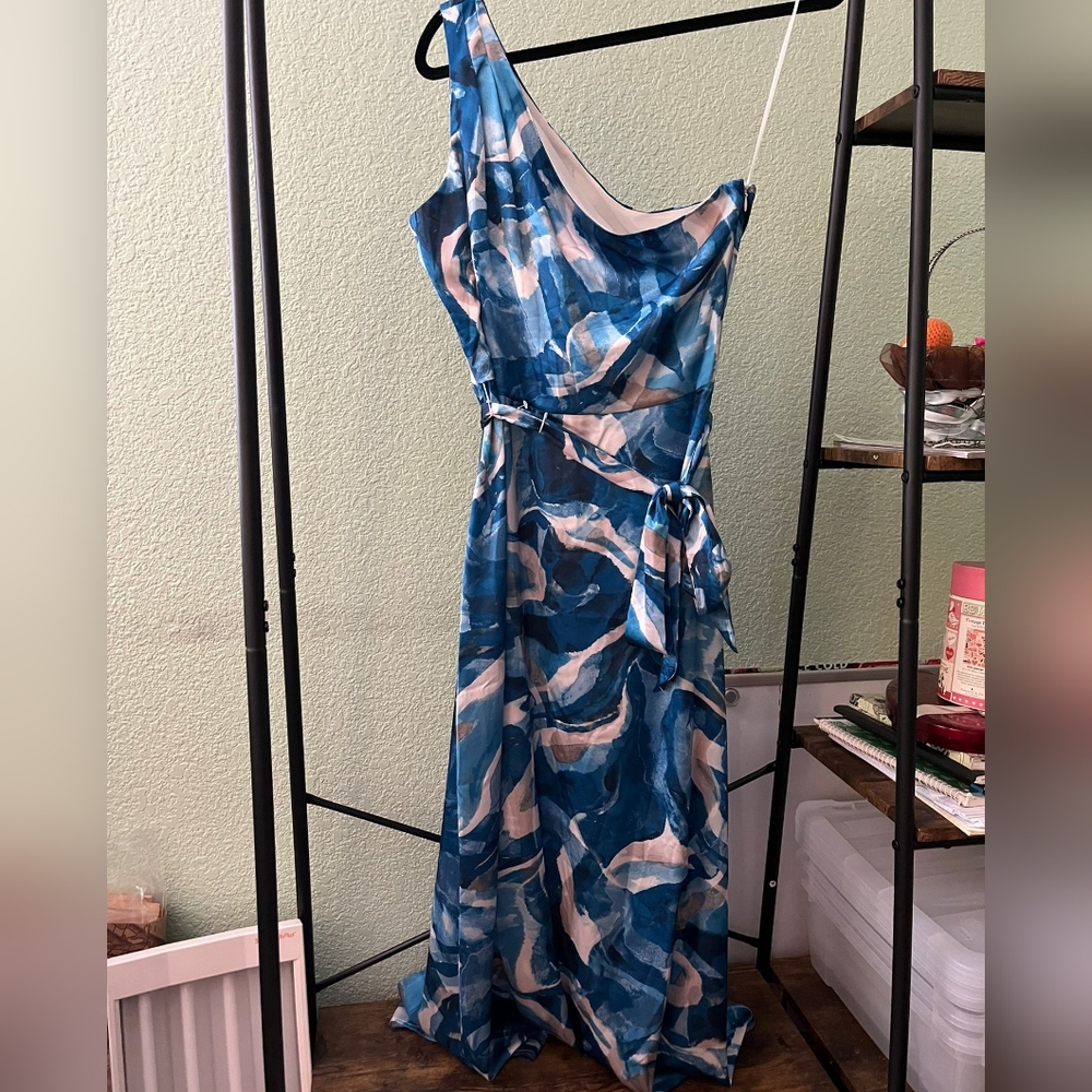 Blue One Shoulder Patterned Dress